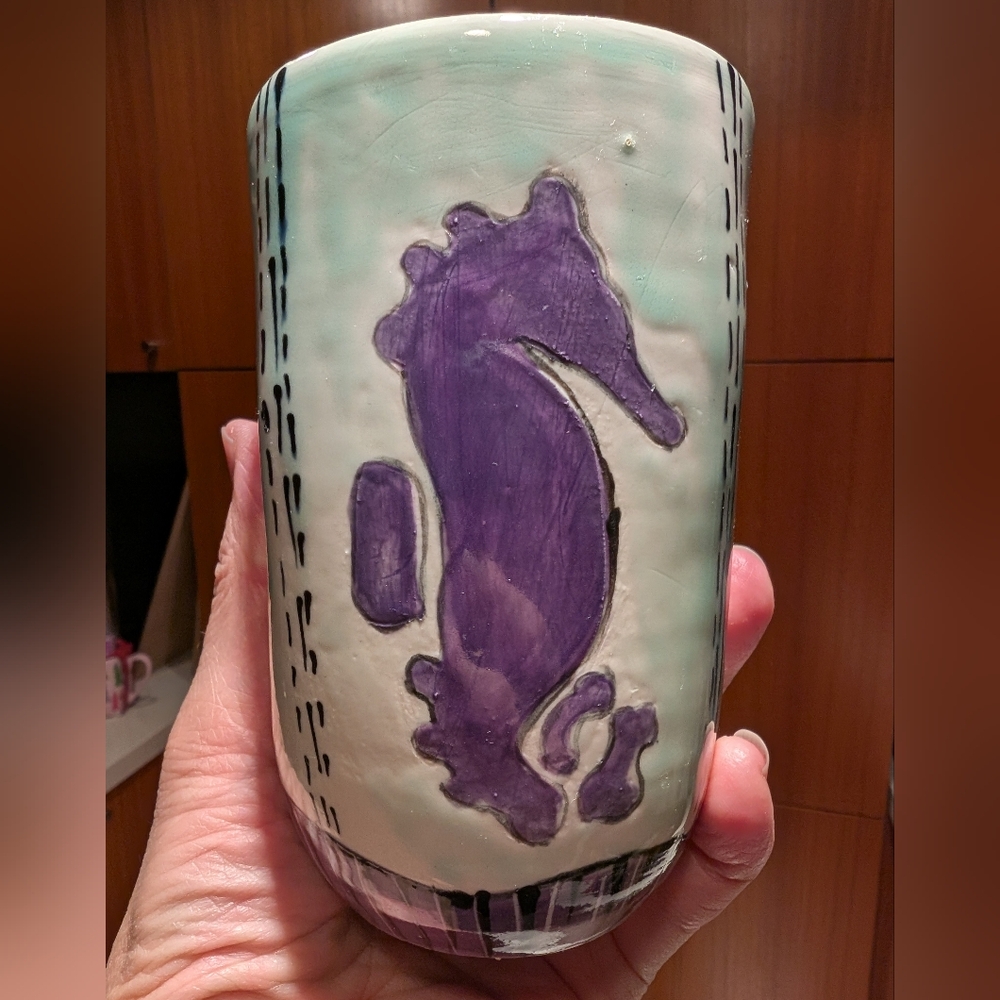 Handmade Ceramic Vase with Purple Seahorse Motif